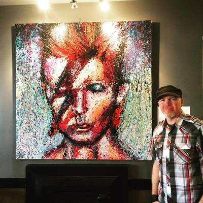 Finished portrait of David Bowie; Roy Laws art, Painter of Music, live entertainment