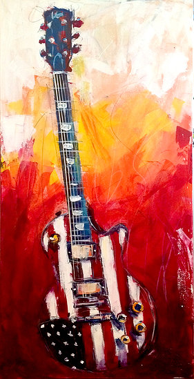 Live painting guitar with American flag; Roy Laws art, Painter of Music, live entertainment; Music City