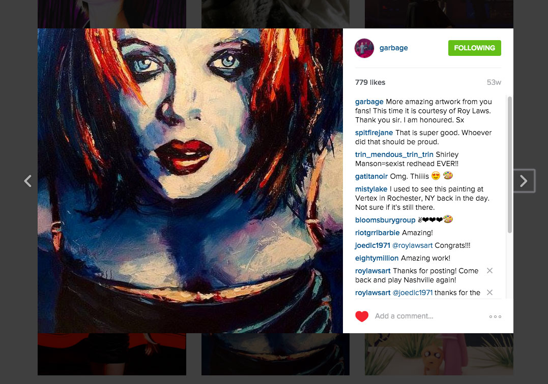 Garbage posts Shirley Manson portrait on Facebook; Roy Laws art; Nashville artist, Garbage Stupid Girl