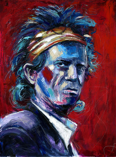 Portrait of Keith Richards of The Rolling Stones; Roy Laws art, Painter of Music, live entertainment
