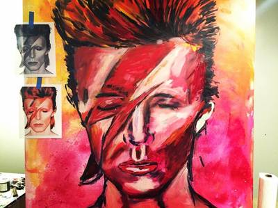 Painting David Bowie begins with album cover: Ziggy Stardust; Roy Laws art