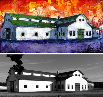 Painting of Harlinsdale barn, home of Pilgrimage; Roy Laws art, live entertainment