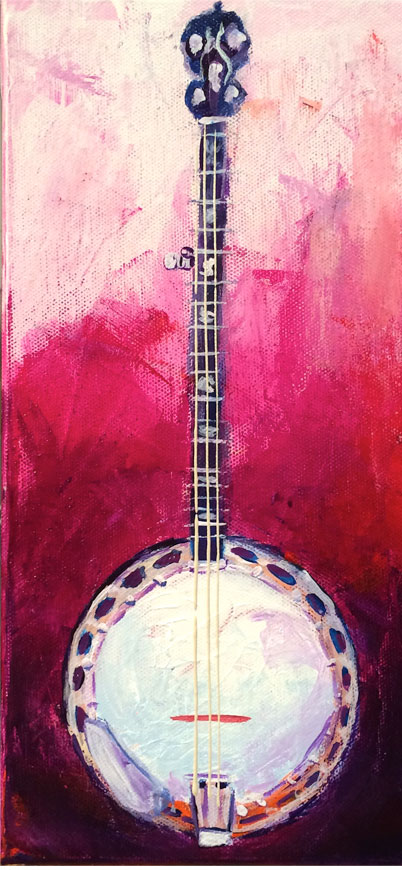 Live painting banjo; Roy Laws art, Painter of Music, live entertainment; Music City