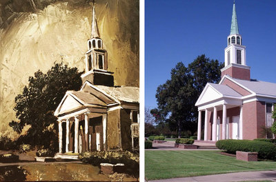 Painting of a church in Franklin, TN; Roy Laws art, Painter of Music, live entertainment