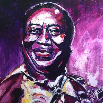 Portrait of blues singer, songwriter, and musician Muddy Waters; Roy Laws art, Painter of Music, live entertainment