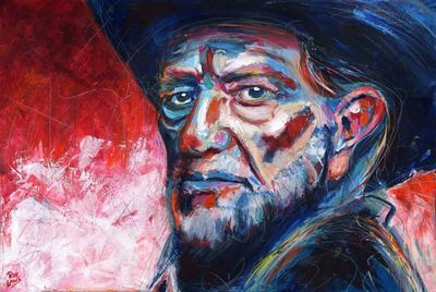 Portrait of Outlaw Country Music artist Willie Nelson; Roy Laws art, Painter of Music, live entertainment;