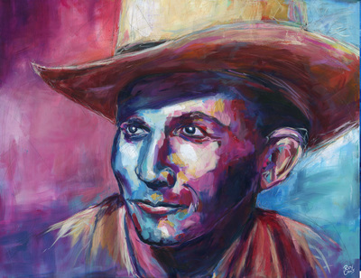 Portrait of country music legend Hank Williams Sr.; Roy Laws art, Painter of Music, live entertainment