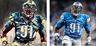 Portrait of Jason Jones, NFL Detroit Lions; Roy Laws art, live entertainment
