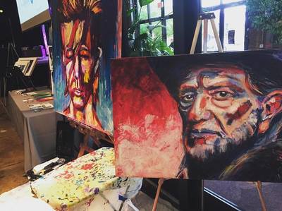 Portrait of David Bowie and country music legend Willie Nelson; Roy Laws art, Painter of Music
