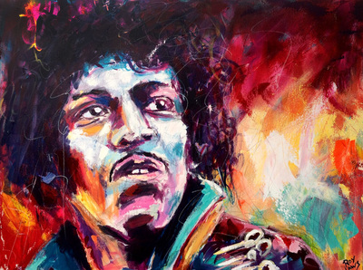 Portrait of Jimi Hendrix;  Roy Laws art, Painter of Music, live entertainment