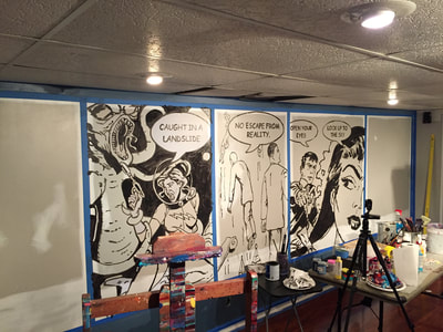 Drawing art for retro comic strip mural; Queen; Bohemian Rhapsody lyrics; Roy Laws art