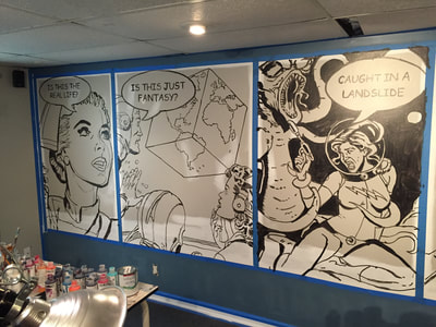 Drawing first 3 panels of retro comic strip wall mural; Bohemian Rhapsody; Roy Laws art; Nashville, TN