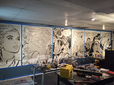 Six panels drawn for wall mural featuring lyrics from Bohemian Rhapsody, Queen; Roy Laws art, Painter of Music; Nashville artists