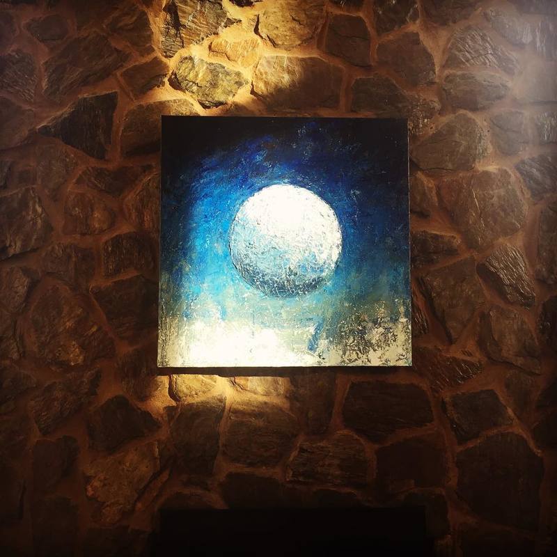 Moon art, stone fireplace, custom art, Roy Laws